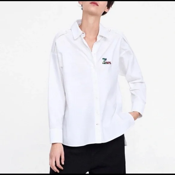 Zara NWT white button-down shirt with logo details - Picture 1 of 6